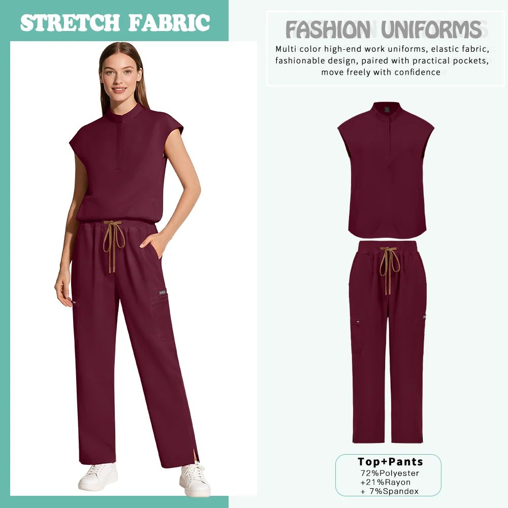 Womens Scrubs Uniform Soft Stretch Medical Scrub Set with Pockets Front Zipper Top+Straight Pants Hospital Nurse Doctor Workwear view 6