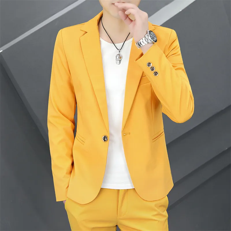 

Men's Slim Fit Casual Faionable Two Piece Suit Spring Autumn Polyester Spandex Stand Sle Single Button Pure Color