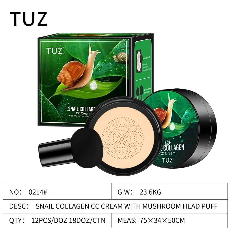 TUZ0214 crema CC de colágeno de caracol, cojín de aire con cabeza de seta, BB Cream, base correctora líquida, brillo, venta al por mayor, maquillaje