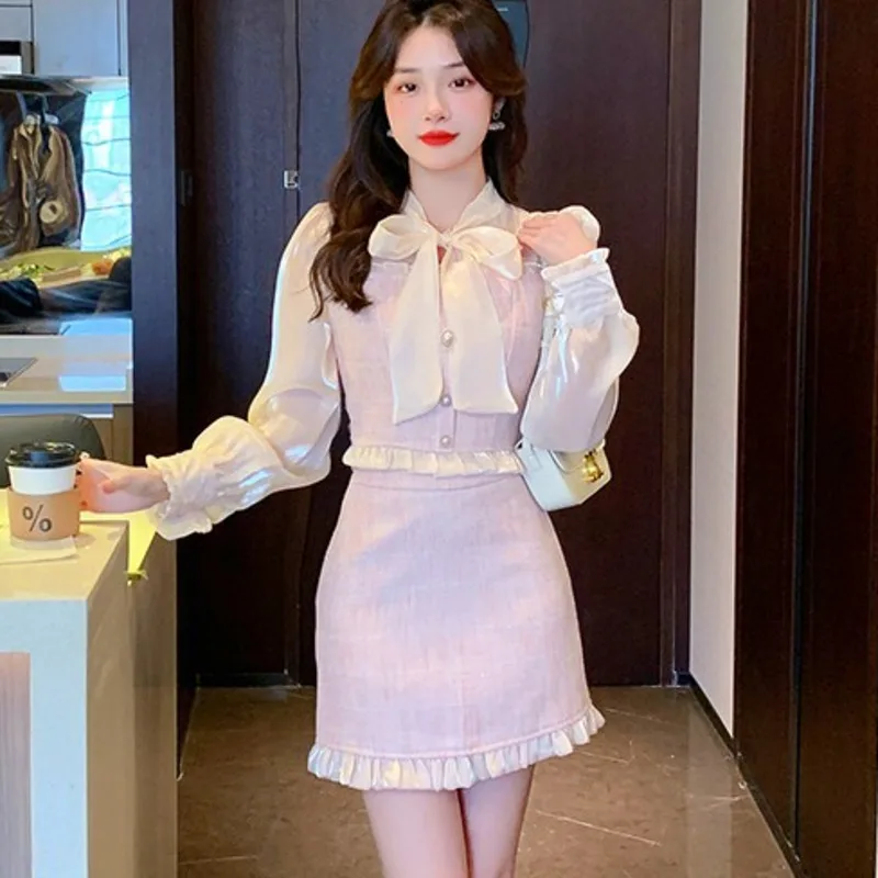 High Quality Fall Winter Elegant Fashion Small Fragrance 2 Piece Set Women Shirt Tops + Skirt Suits Korean Sweet Two Peice Sets