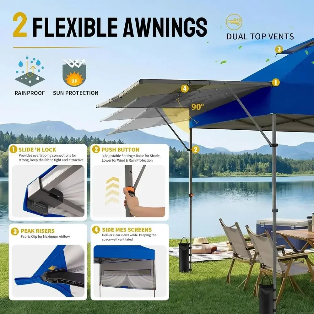 10x10 Pop-Up Tent with 2 Expandable Awnings, Easy Setup, UV-Protected, Portable Storage Bag, 4 Ropes & 8 Stakes, Blue