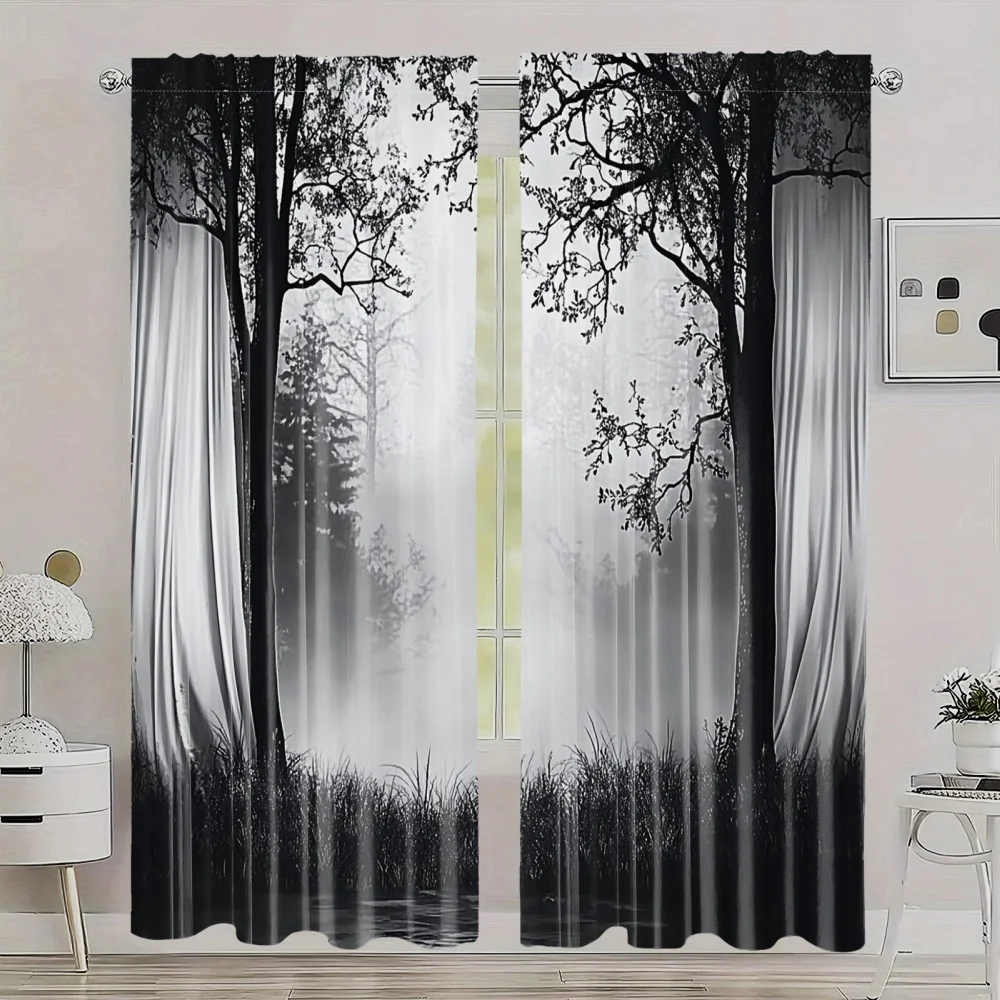 2PCS Blackout Curtains Misty Forest Gothic Print Polyester Rod Pocket Top for Bedroom Living Room Home Decor