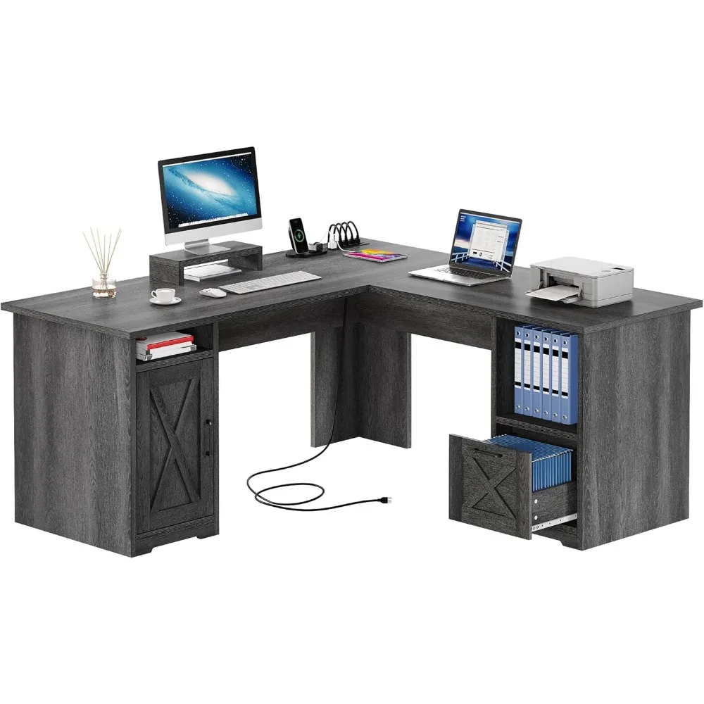 60 Inch Corner Computer Desk with File Drawer and Monitor Stand, L-Shaped Home Office Desk with Power Outlets