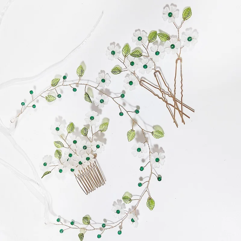 White Floral Green Leaf Beaded Headband Bridal Hair Comb Rhinestone Pearl Headbands Princess Bridal Headband Crowns Jewelry