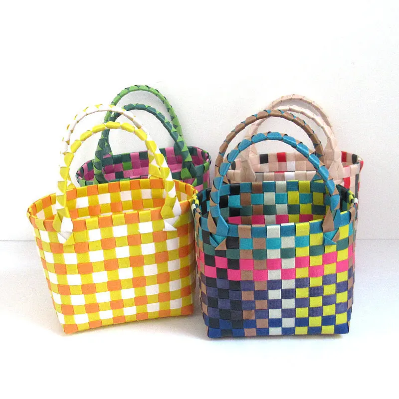 New Woven Bag Small Square Bag Plastic Vegetable Basket Bag Small Color Basket Photo Taking and Beach Bag Handbags for Women