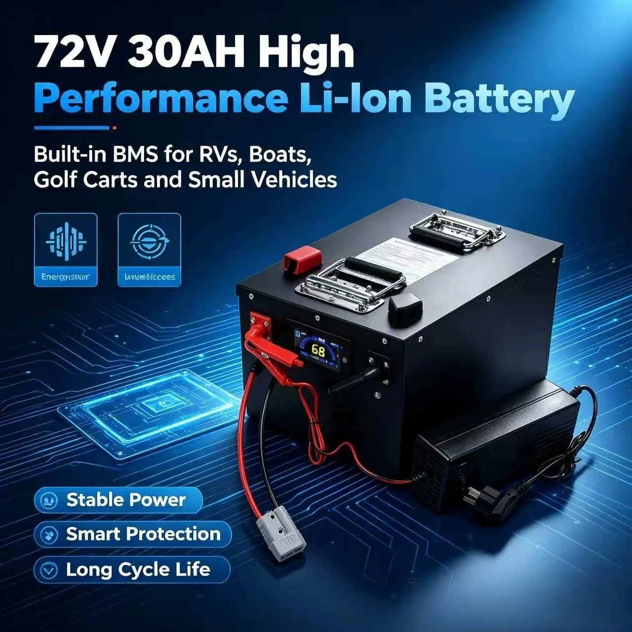 72V 30AH High Performance, Long Life, Li-Ion Battery with BMS - For RVs, Boats, Golf Carts, Camping Gear and Small Vehicles