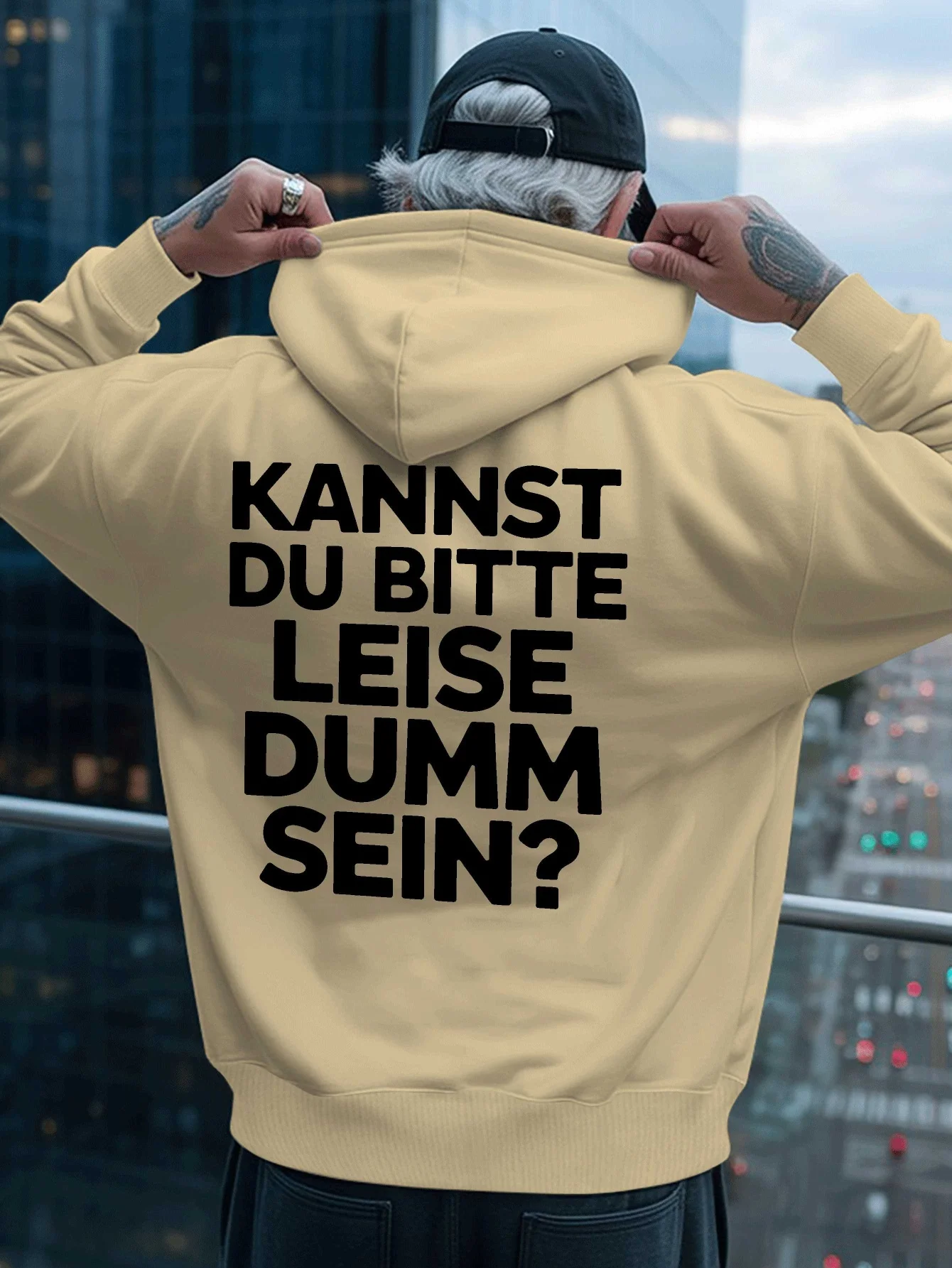 Weird-looking men's loose hooded sweatshirt with humorous English quotes on the back and a personalized hooded design.