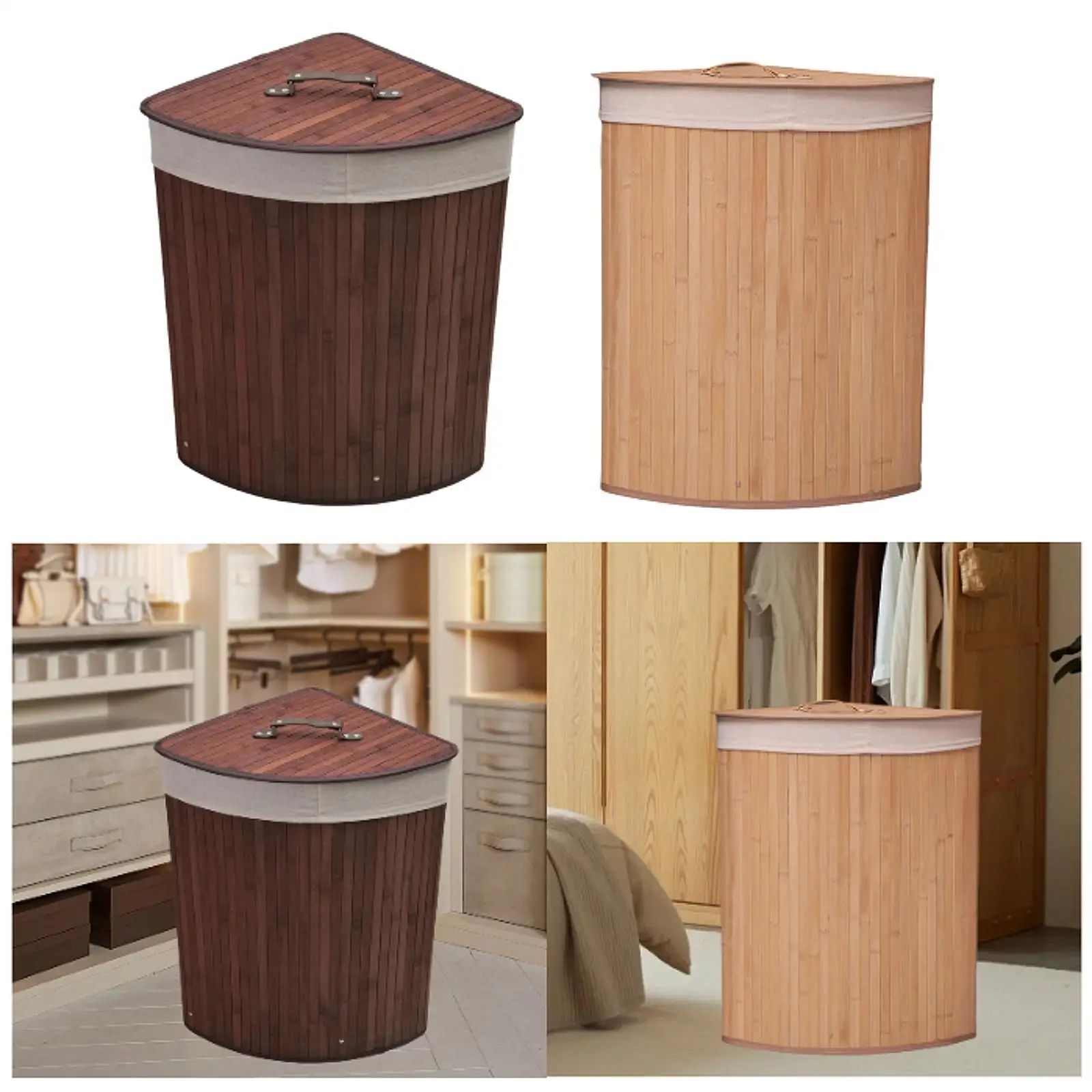 

Corner Bamboo Laundry Hamper Washing Clothes Basket Foldable Dirty Clothes Hamper and Removable Liner for Bathroom Playroom