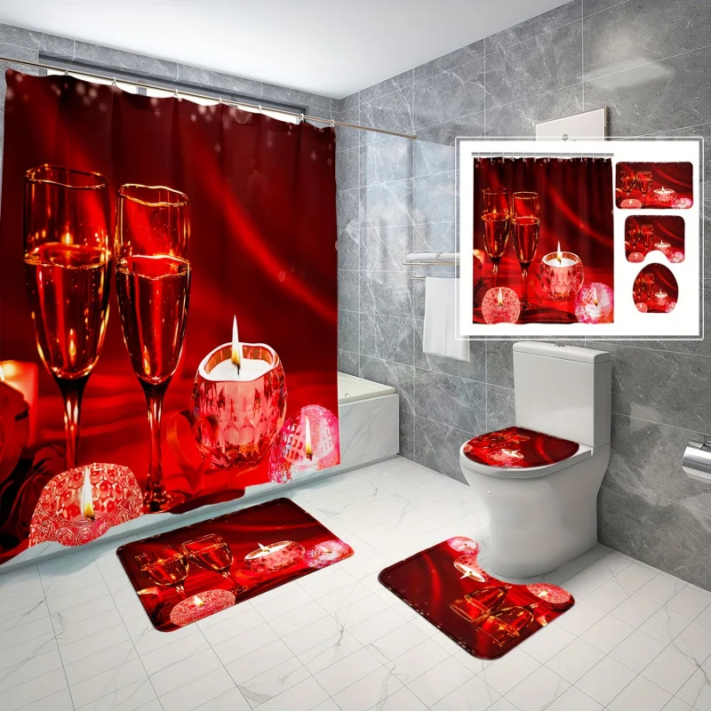 4pcs Red Wine Glass Printed Shower Curtain Set, Waterproof Bathroom Partition Curtain With 12 Hooks, Non-Slip Bath Rug, Toilet U