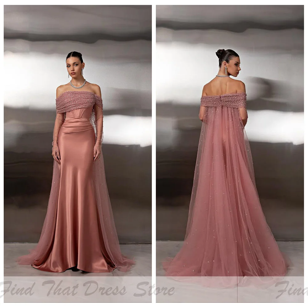 

Custom Made Boat Collar Pleated Beading Sheath Evening Gown Long Illusion Sleeve Backless Party Prom Dress with Chapel Train