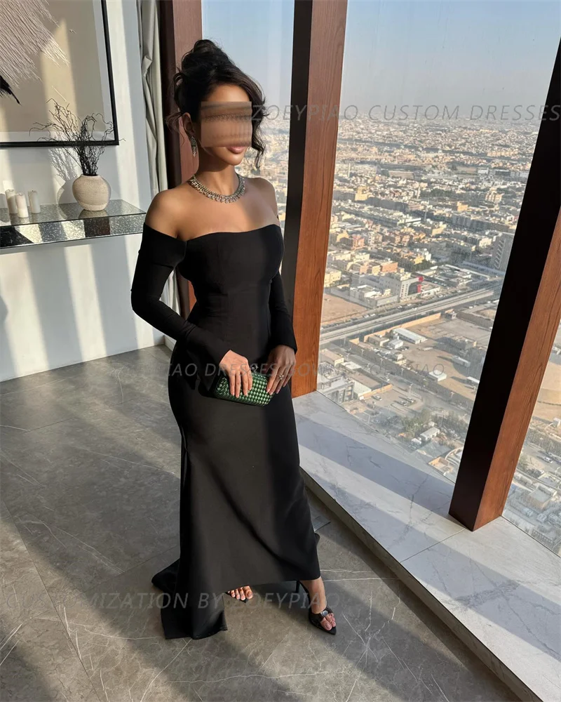 Black Mermaid Off Shoulder Prom Dress Gown Pleat Stretch Stain Formal Gown Full Sleeves Beach Evening Gown vestidos de noche