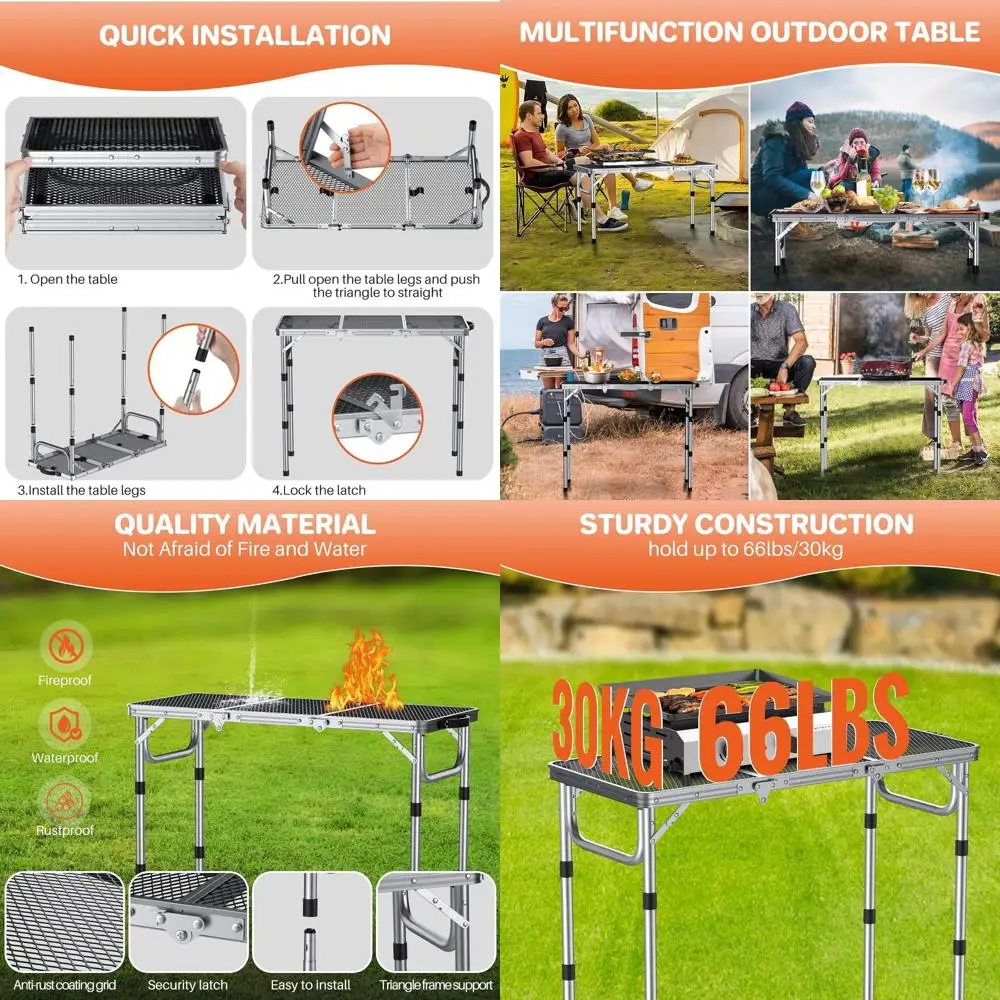 

Portable 3ft Aluminum Folding Grill Table - Height Adjustable, Lightweight Outdoor Table for Camping, Picnic, BBQ, Silver