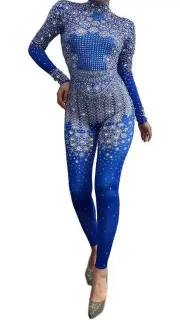 Dancer Leggings Stage Costumes Sparkling Evening Party Rhinestone Jumpsuit Women Long Sleeve Stretch Skinny Crystal Bodysuit