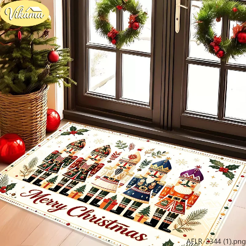 VIKAMA Wood Grain Merry Christmas Nutcracker Doormat, Non-Slip Absorbent Entryway Mat, Holiday Door Rug for Home Decor