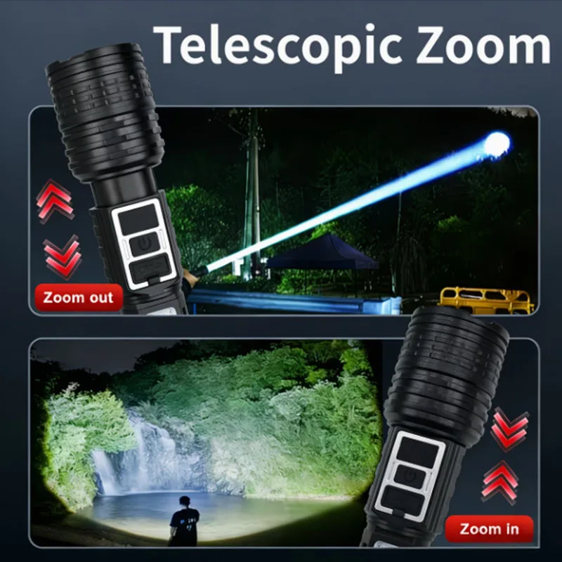 High Power LED Flashlight Powerful TYPE-C Rechargeable COB Flashlight With Side Light Torch For Outdoor Camping Hiking