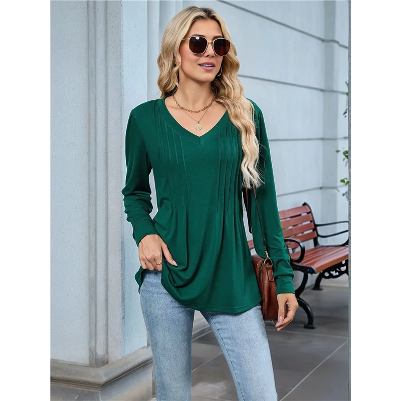 CYL-المرأة نفخة قمصان طويلة الأكمام مطوي الخامس الرقبة الخريف تونك القمم بلوزة متأنق عادية فضفاض الصيف تي شيرت