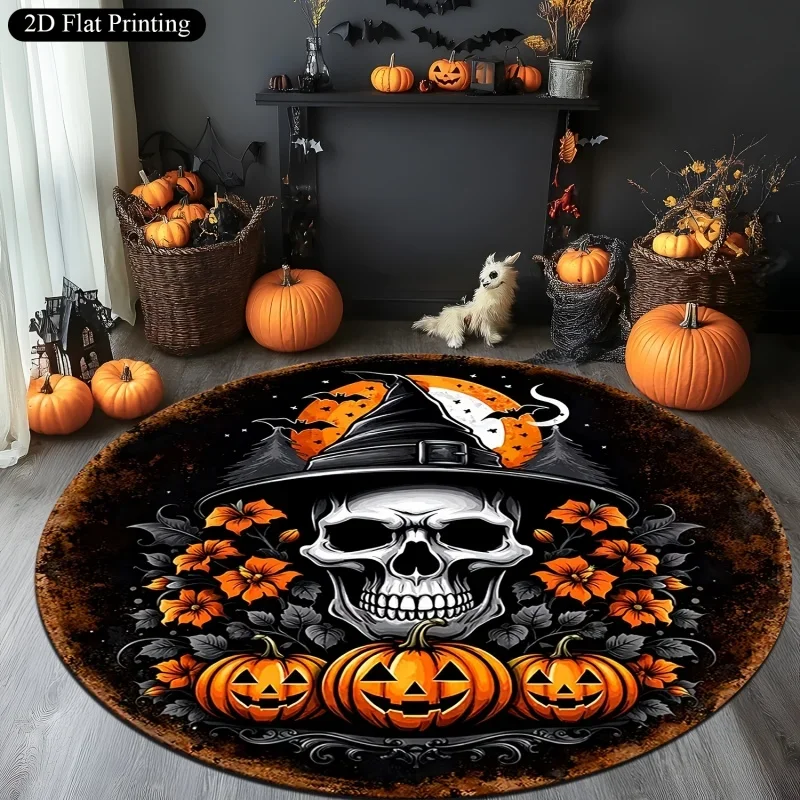 Witch Hat Skull Pumpkin Halloween Round Rug, Bat Moon Flower Printed Circular Floor Mat, Spooky Indoor Home Decoration
