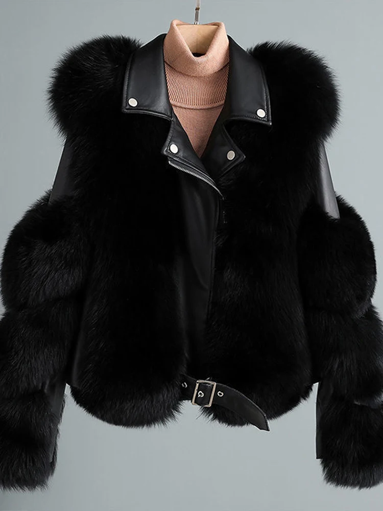 Chaqueta de cuero de lujo para mujer, abrigo mullido de manga larga de retales a la moda, prendas de vestir exteriores elegantes y gruesas para mujer XQ124