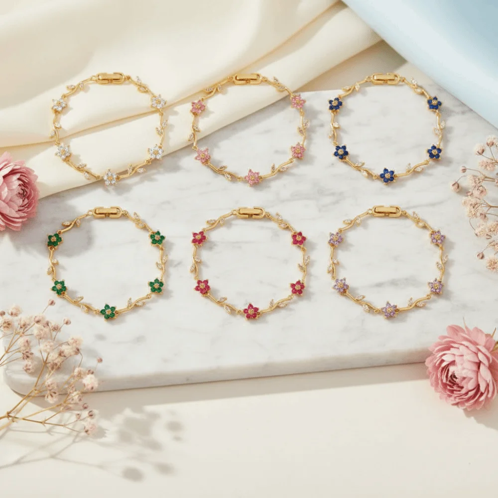 Shiny Flower Rhinestone Bracelet Multiple Color Elegant Stackable Leaves Wrist Jewelry Copper Plated Gold Exquisite