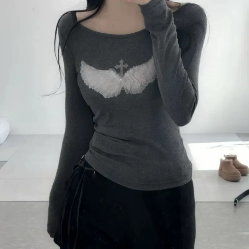 Punk Y2K Grunge Cyber Mall Goth Thermal T-shirt Skulls Wings Graphic Print Long Sleeve Pullovers Women Vintage Aesthetic Tees