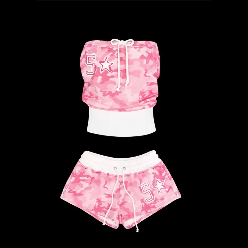 

Summer American Y2k Girls Retro Digital Printed Chest Wrapped T-shirt and Rope Tied Shorts Casual Vacation Hot Girl Outfit Set