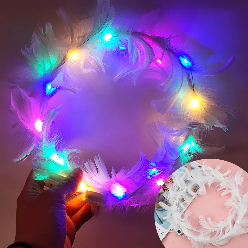 New Children's LED Light Angel Wreath Headband Light Up Feather Hair Accessories Funny Fairy Feather Garland Girls Birthday Gift