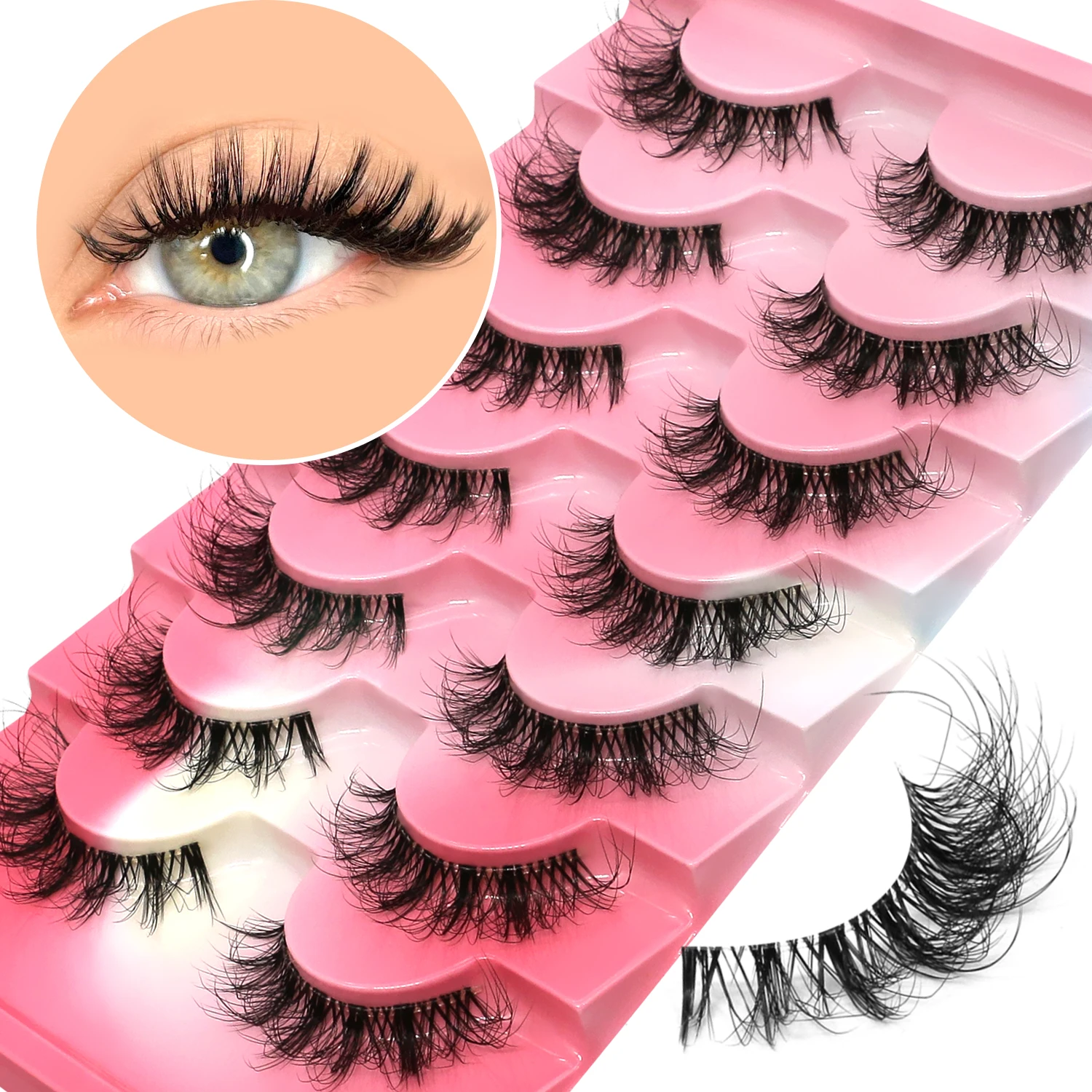 Lasvirey Falsche Wimpern, flauschige Katzenaugenwimpern, natürliche Manga-Wimpern, natürlicher langer, klarer Stiel, flauschiges Kunst-Nerzwimpern-Make-up