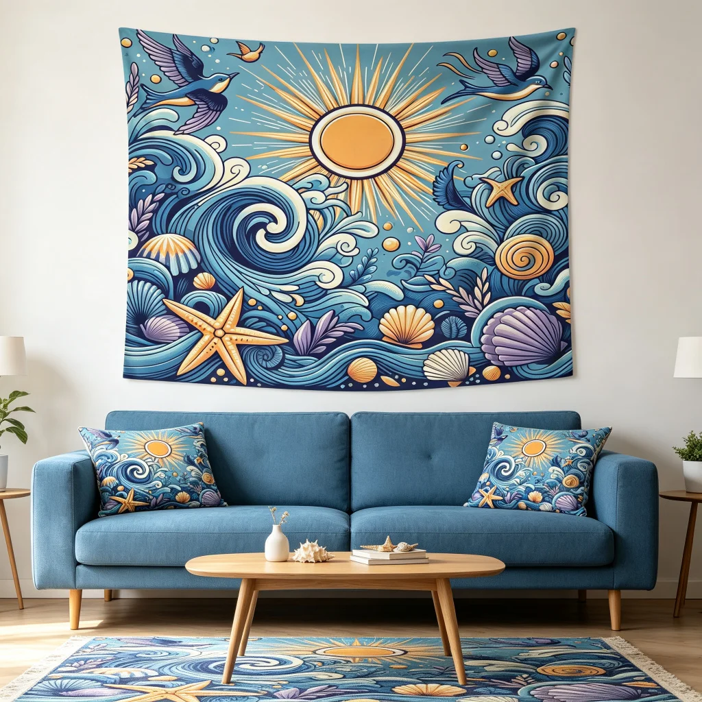 1PC Blue Wave Sun Shell Art Print Backdrop Banner, Bedroom Living Room Photo Background, Polyester, Home Decor, Wall Art