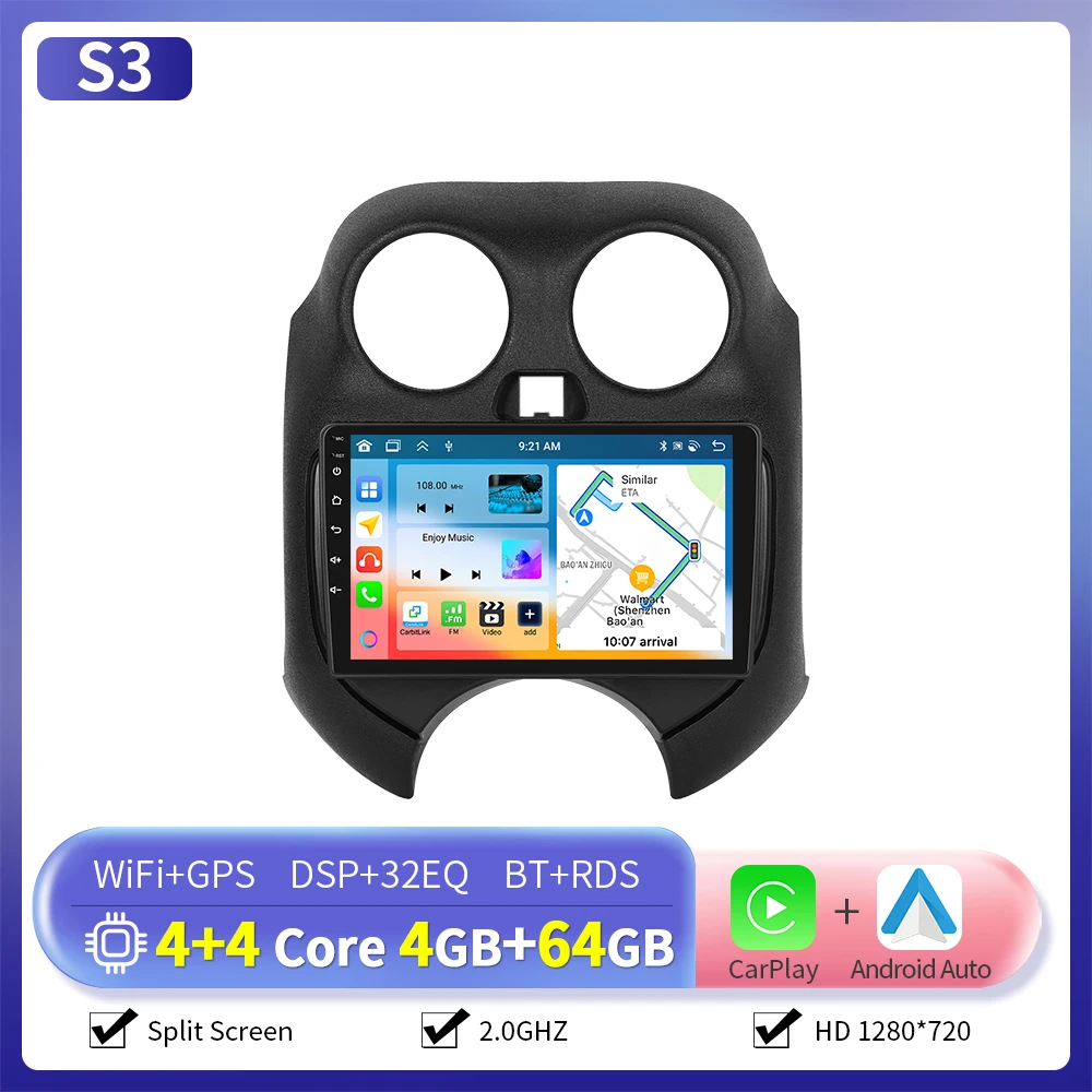 Camecho 9 "Draadloze Carplay Android Auto Autoradio Voor Nissan Micra 2010-2017 Multimedia Speler GPS 4G Wifi 2 Din Autoradio