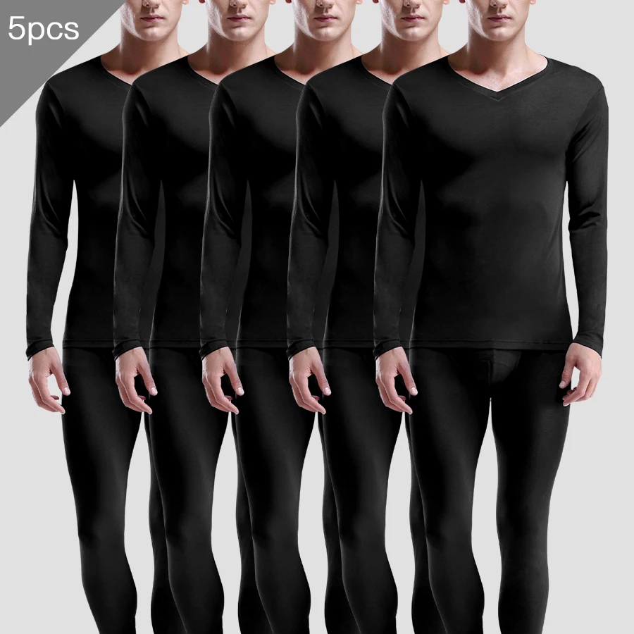 

5pcs Men's Modal thin V-neck slim and comfortable base layer youth warm thermal long Johns and underwear set