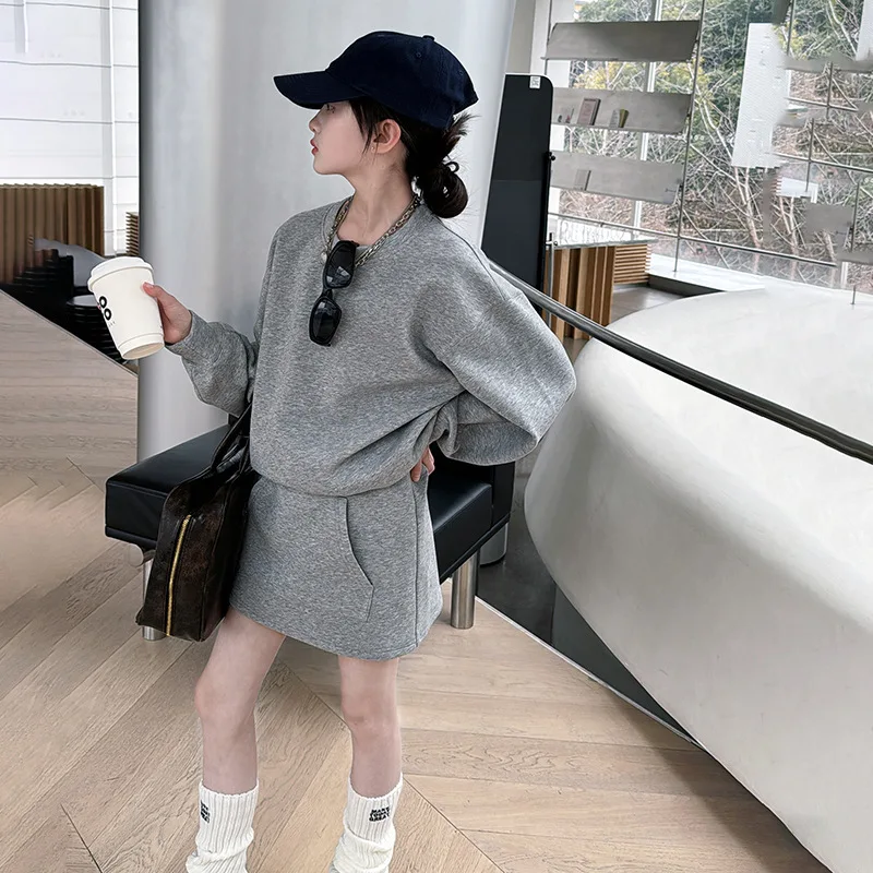 2026 winter spring Girls set Clothes teenager grey sweatshirts t shirt + short mini skirt baseball 4 8 5 9 10 12 year tracksuit