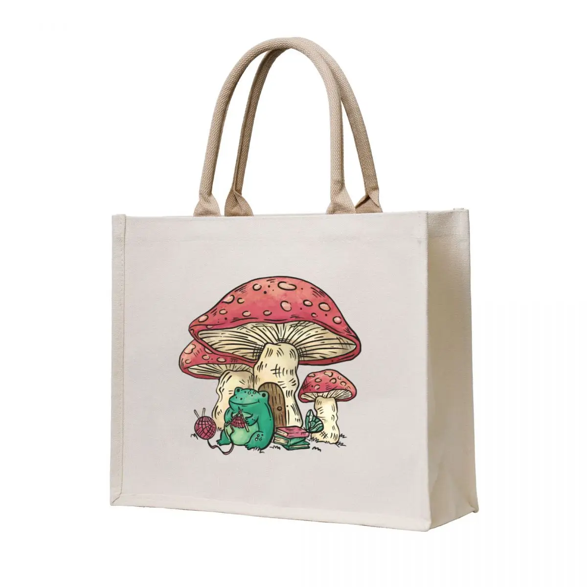 

Frog sitting under a mushroom knitting, Cottage Core frog and mushroom, Cute frog and mushroom, Gift for people who kni Tote Bag
