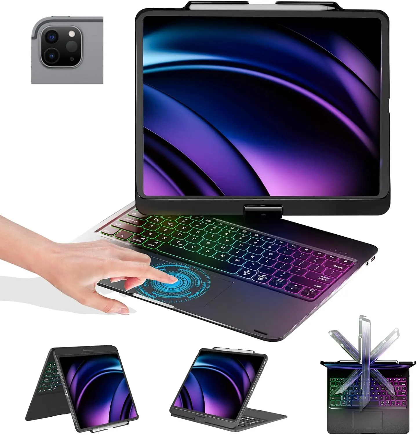 

Keyboard Case for iPad Air 13 inch & iPad Pro 13/12.9, Rotatable with Touchpad, Backlit Keys, Pencil Charging - Black