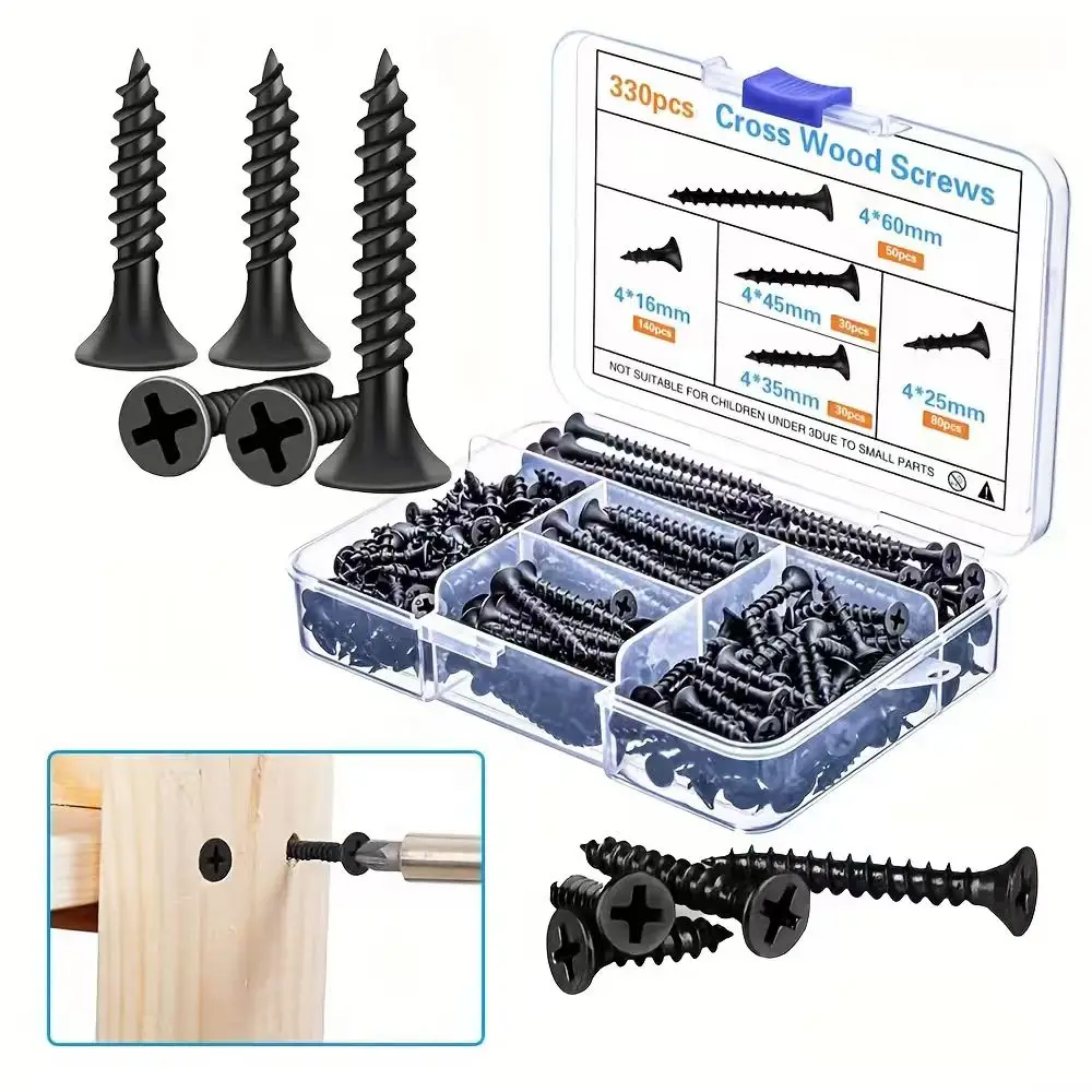 330-Piece Phillips Drive Self-Tapping Screw Set, Carbon Steel Flat Head Self-Tapping Screws, Black Wood Screws Suitable for Woodworking and Home DIY Projects, 5 Sizes (16-60mm)