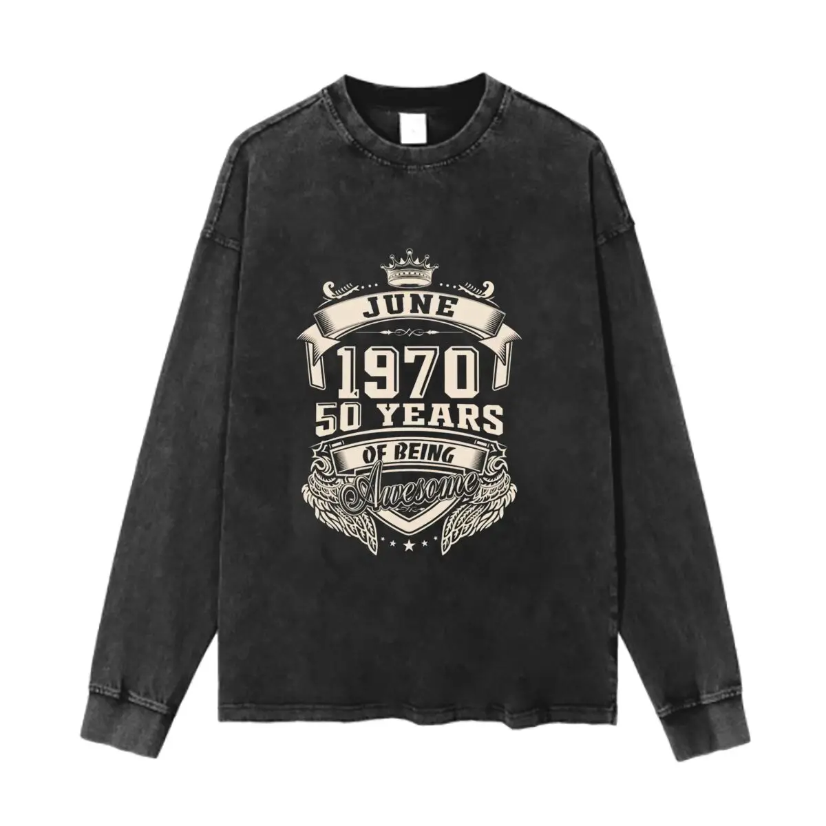 June 1970, 50 Years of Being Awesome  Design Washed Vintage Long Sleeves Cotton Tee Shirt Solid O Collared For Men's And Women's
