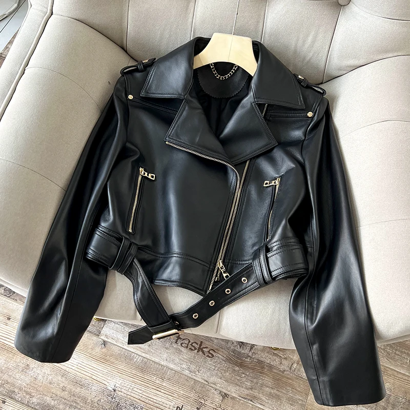 

2024 New Spring Sheepskin Jacket Genuine Leather Coat Black Women's Short Motorcycle Slim Real Leather Jacket Autumn Cool Suit