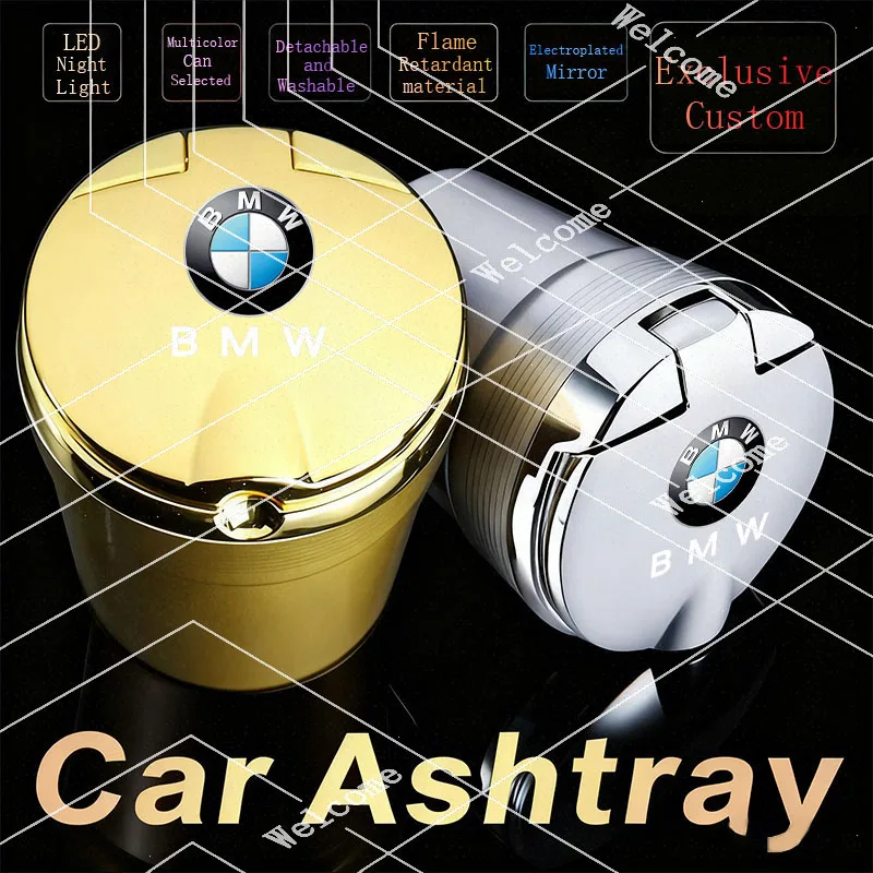 Car Ashtray With LED Light Universal Alloy Ash Tray Aluminum Cup Sticker For BMW M x5 e70 e91 f11 f30 f31 f10 x3 f25 e30 e46