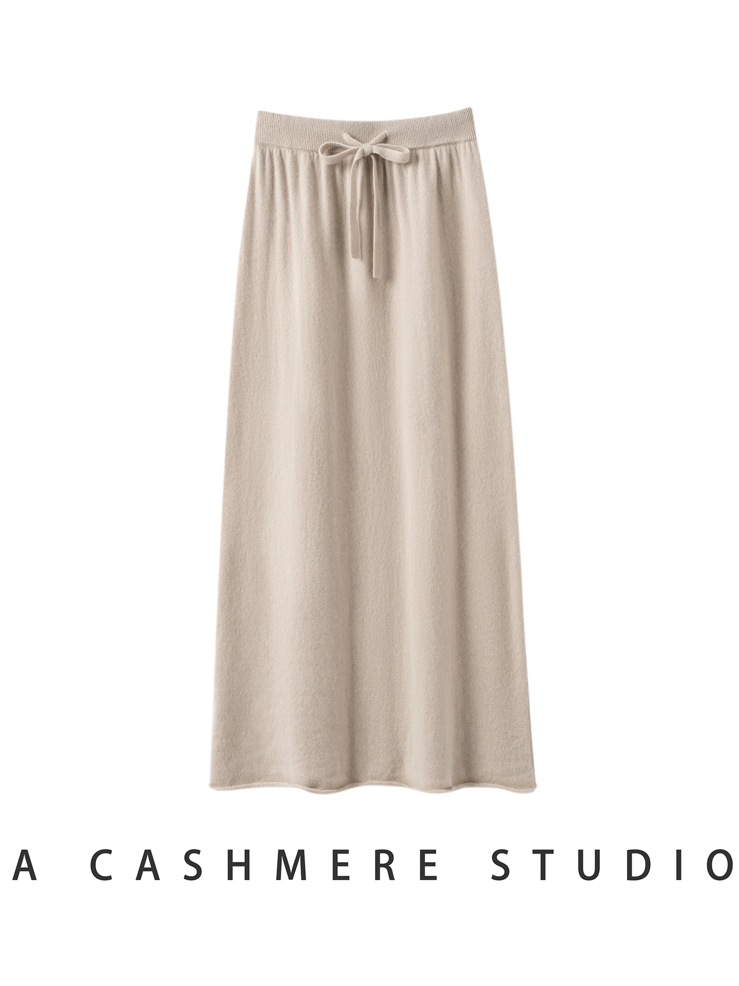 Autumn Winter 100% Pure Cashmere Skirt Women's Soild High Waisted Straight Drawstring Mid-calf Loose Casual Knit Dress Versatile