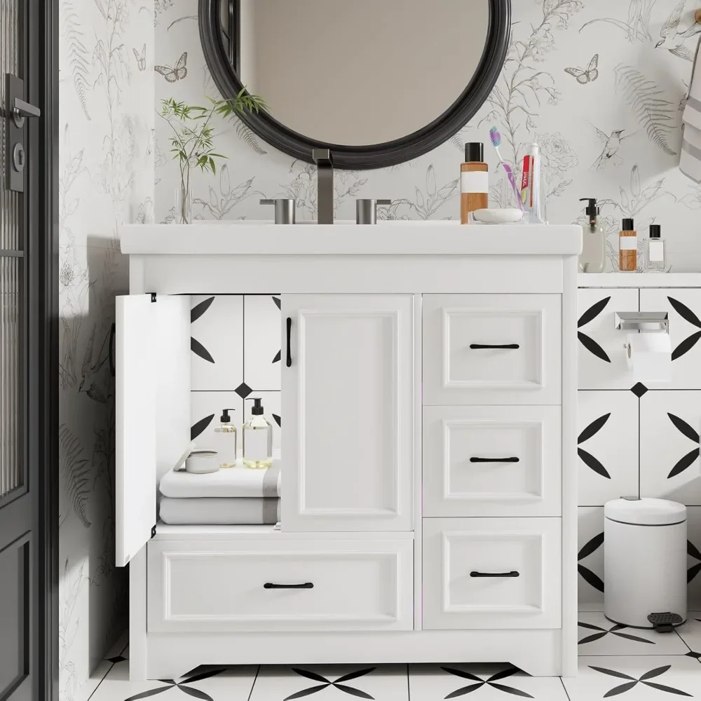 خزانة حمام مقاس 36 بوصة مع حوض، وخزانة حوض الحمام مع بابين، و4 أدراج، وحوض سيراميك (بدون صنبور) #1