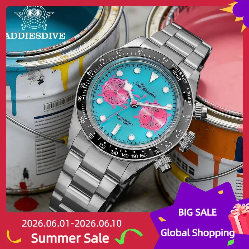 

ADDIESDIVE Ceramic Bezel Men's Quartz Watch Luminous VK64 Chronograph Bubble Mirror Glass Watches AD2520 relógio masculino Clock