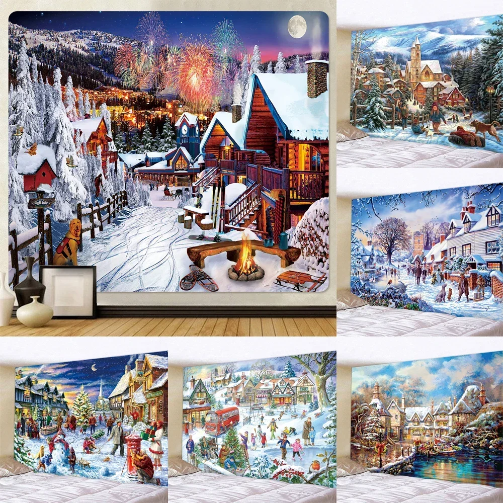 Christmas snow scene home decoration tapestry hippie bohemian decoration psychedelic scene wall hanging bedroom wall decoration