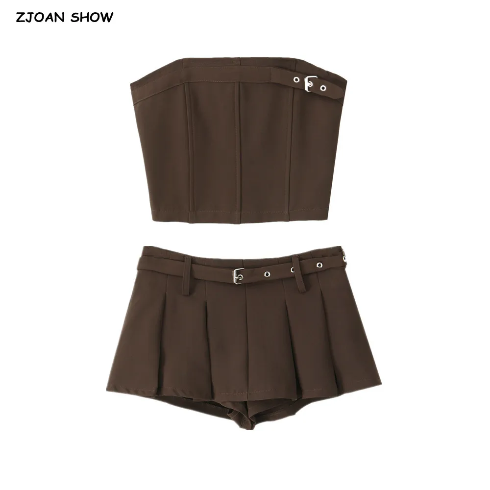 2025 Sexy Slash Collar Strapless Tank Top Women Buckle Belt Zipper Waist Short Pleat Skirt With Shorts underwear 2 Pieces 1 Set