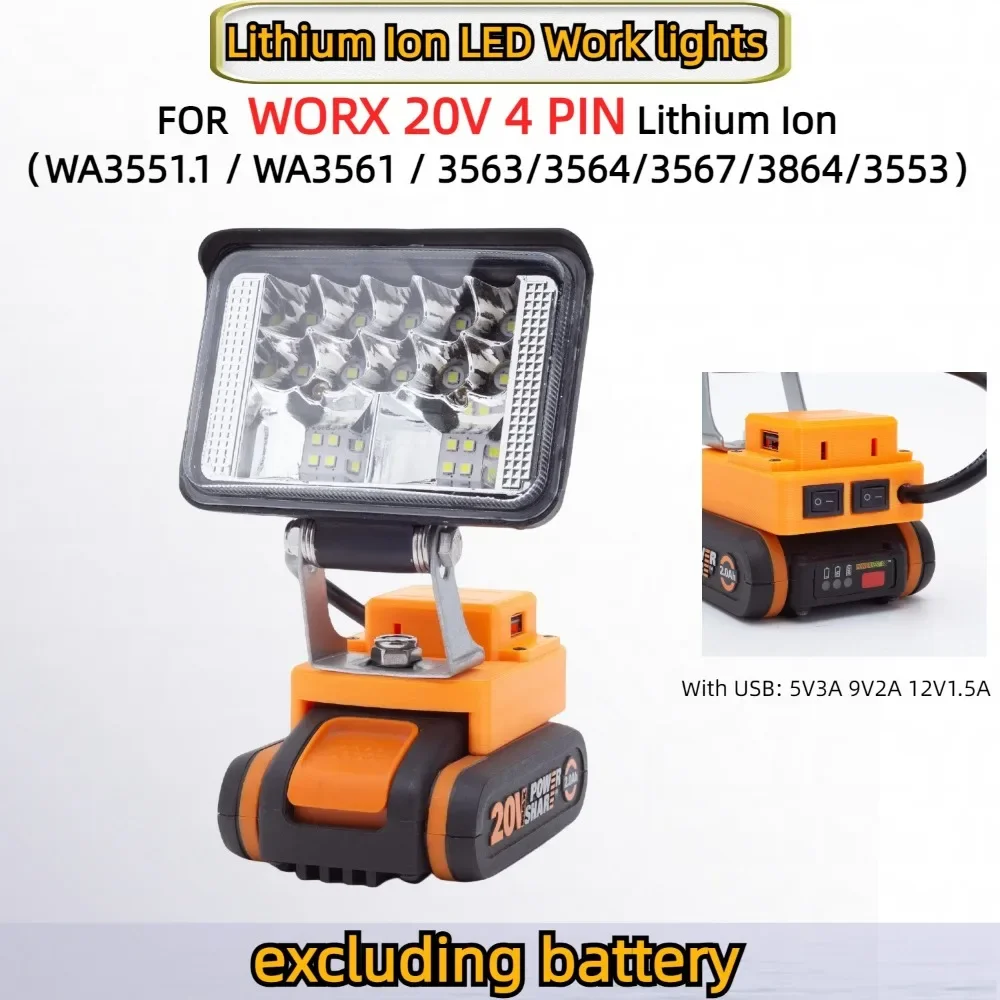 Luz de trabajo LED de iones de litio para WORX 20V 4 pines (WA3551.1/WA3561/3563/3564/3567/3864/3553) luz portátil con batería con USB