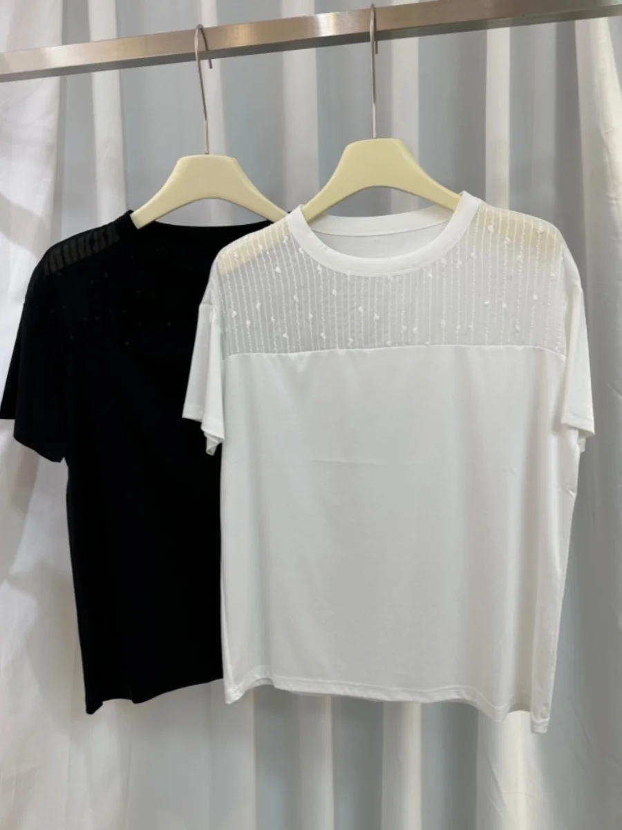 

24 Women's New B//C Summer Beaded Round Neck Mesh Sequins Cotton T-Shirt Short Sleeve Simple Tops Women