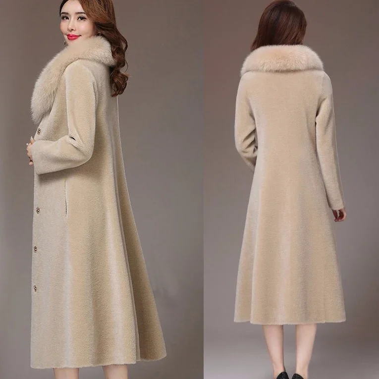 2024 Winter Fall New Womens Big Fur Collar Beige Black Wine Red Camel Lamb Fur Long Coat , Autumn Warm 4xl Overcoat for Women