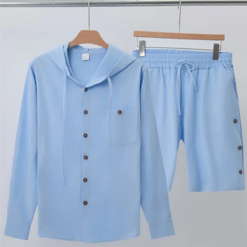 2025 Traje informal de lino y algodón hawaiano para hombre, novedad de verano, camisa informal de manga larga con capucha de color sólido y pantalones cortos, conjunto de 2 piezas