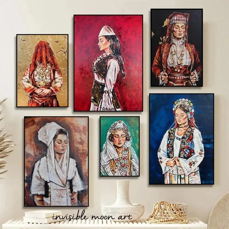 Graffiti Portraits of Traditional Albanian Women Girls Art Poster Canvas Painting Wall Print for Living Room Home Decor