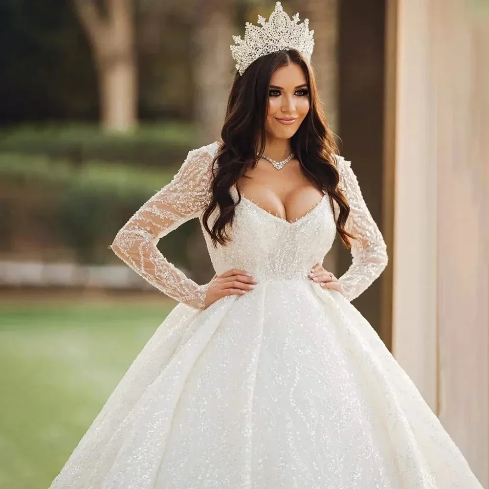 

Flavinke Customized Elegant V-Neck Wedding Dresses Lace Sequin Beaded Princess Bridal Gown Bride Marriage Women Clothing 2025