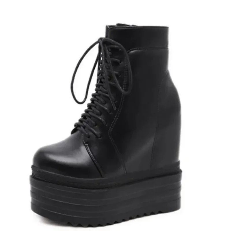 13.5CM Punk Style Wedges Ankle Boots Black Rubber Sole Shoes Platform Boots Women Lacing Autumn Sexy lady Platform Heels Shoes