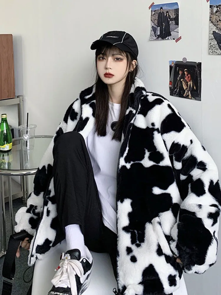 Vintage Flannel Keep Warm Cotton Clothes Korean Winter New Fashion Coat Harajuku Cows Printing Loose Full Sleeve Leather Jacket